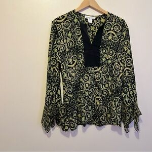 Silk Assets Diane Von Furstenberg Black and Green Floral Blouse Whimsigoth Boho